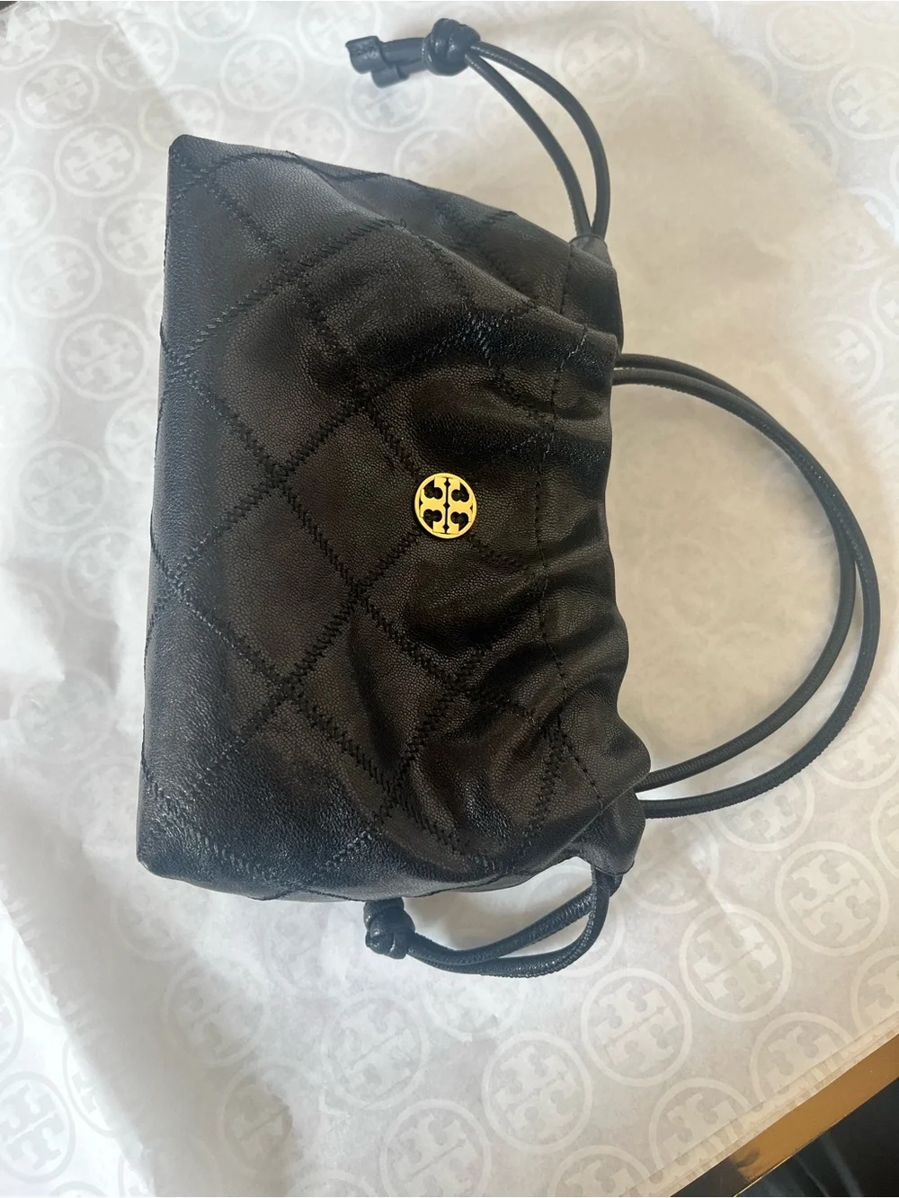 Tory Burch Black Quilted Drawstring Shoulder bag  with Gold Logo
